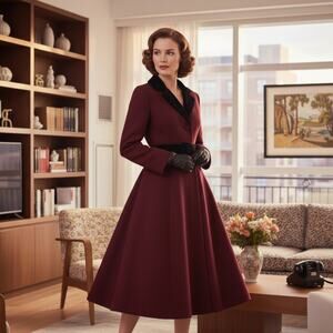 Unique Vintage X Smak Parlor Burgundy Swing Coat with Black Trim Sz 1X